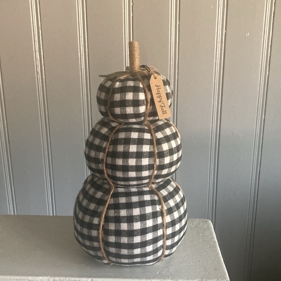 NWT- Happy Fall Tag- Black & White Buffalo Check Fabric Triple Stacked Pumpkins - Picture 5 of 17